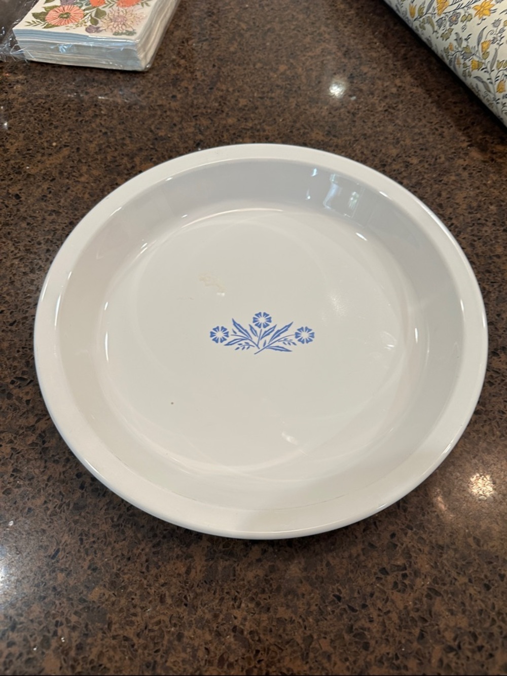 VINTAGE Corningware White 1966-1972 pie plate with Blue Floral Emblem